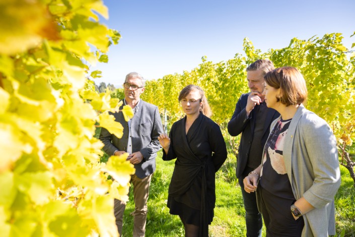 v.l.: LK OÖ Präsident Franz Waldenberger, Winzerin Irene Wurm, Oö. Weinbaupräsident Leo Gmeiner und Agrar-Landesrätin Michaela Langer-Weninger