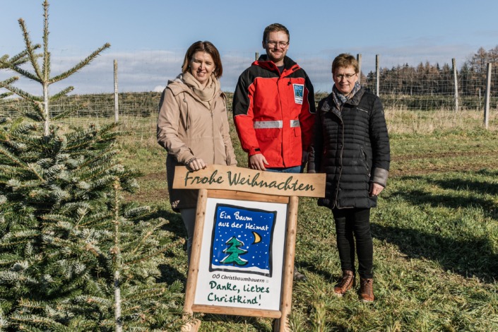 Agrar-Landesrätin Langer-Weninger, Obmann Oö. Christbaumbauern Gschwendtner und LK OÖ Vizepräsidentin Ferstl